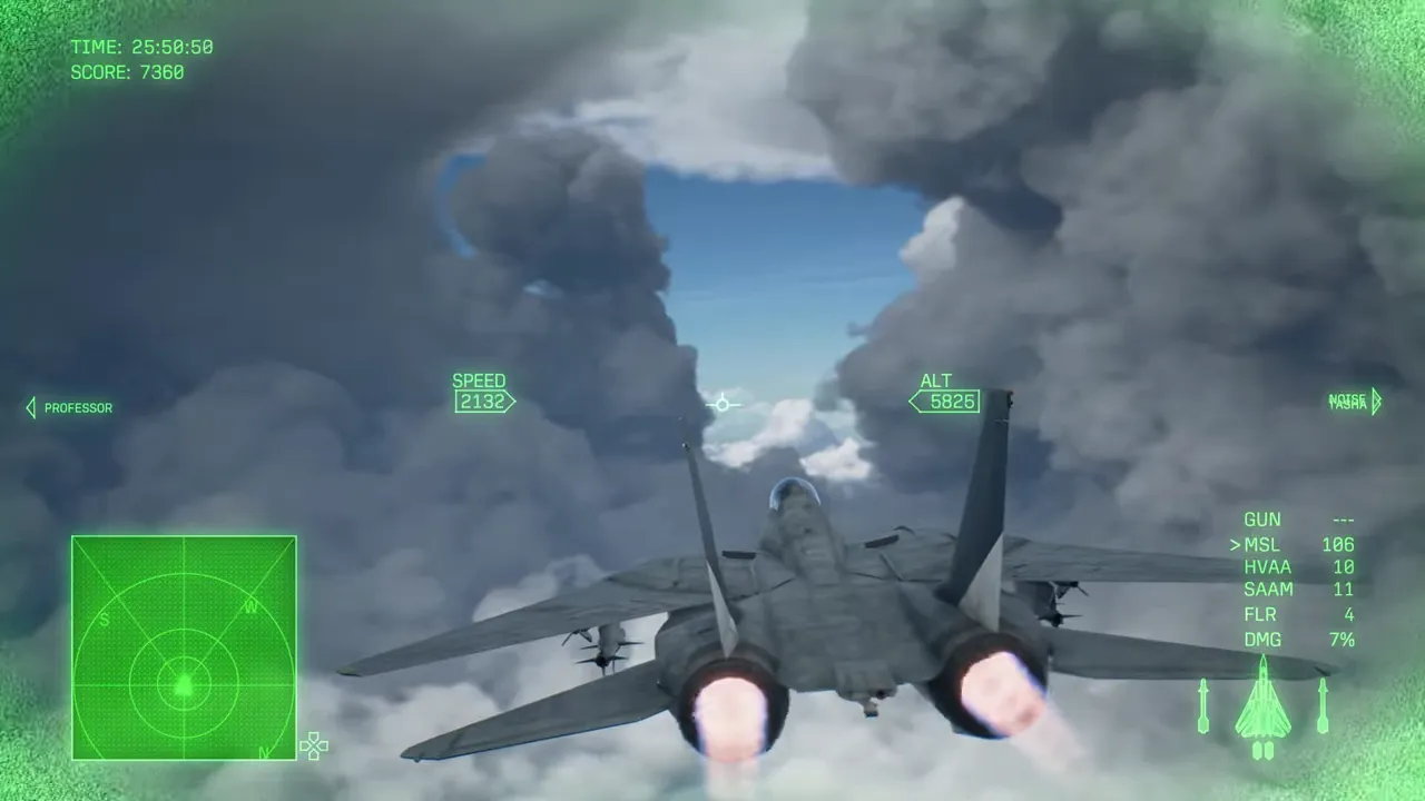 Fighter jet flying toward a gap between towering clouds with a green flight HUD