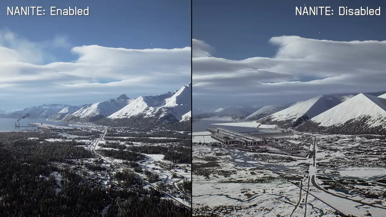Split-screen snowy landscape labeled Nanite Enabled and Nanite Disabled with visibly different mountain geometry