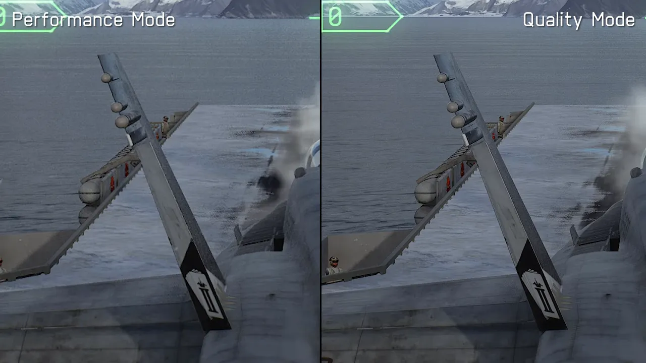 Split-screen comparison labeled Performance Mode and Quality Mode showing an aircraft above a harbor