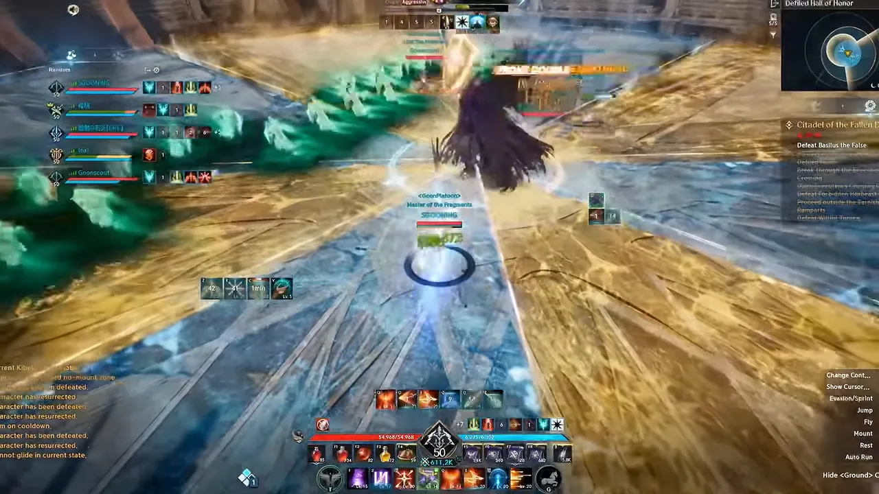 Boss arena with green projectiles around the edge and a dark triangular attack area