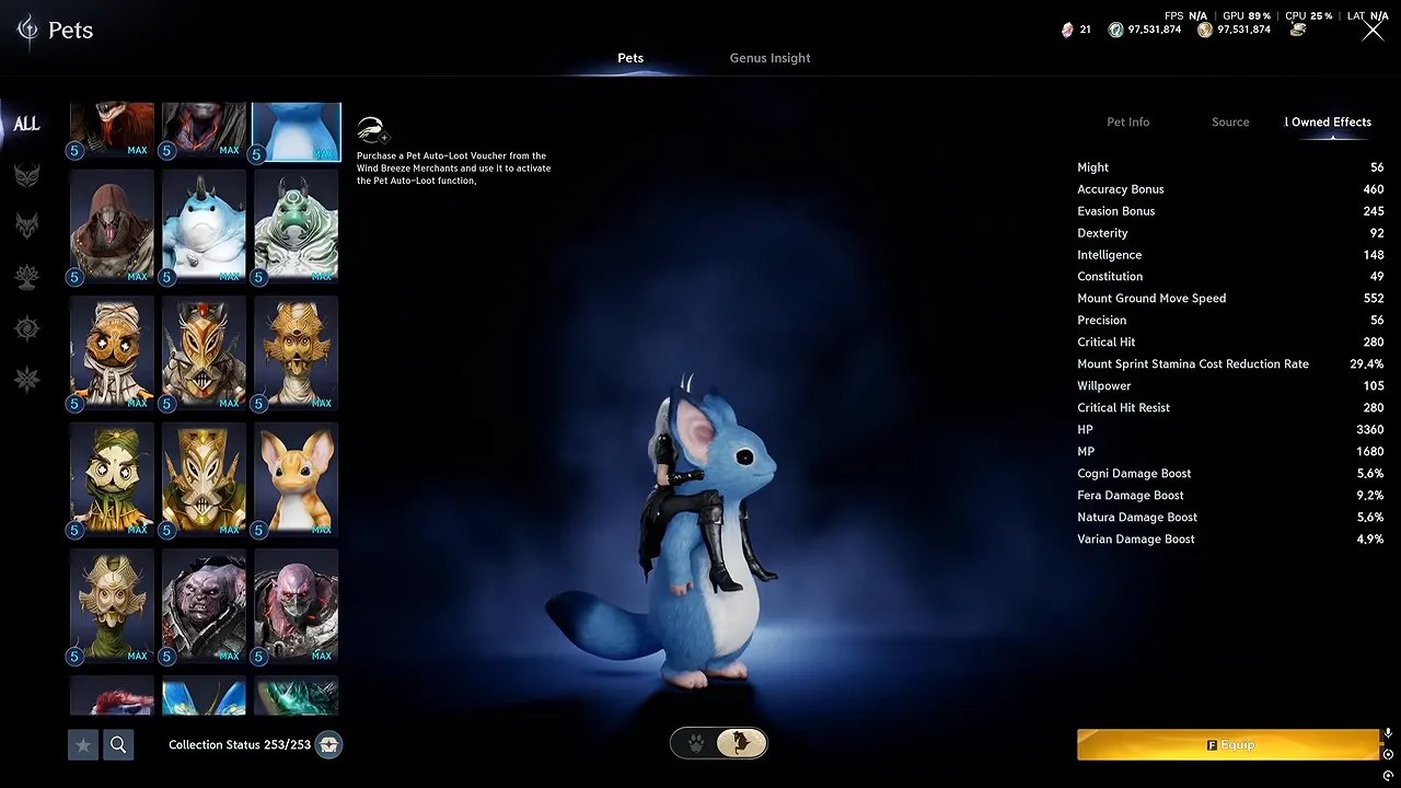 Mount collection menu with creature icons and a white antlered mount preview