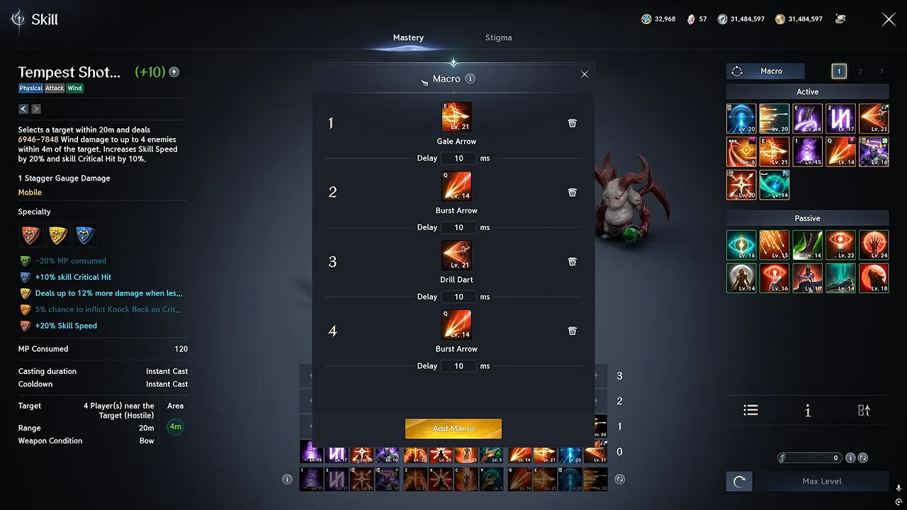 Combat interface with a vertical list of skill icons above the hotbar